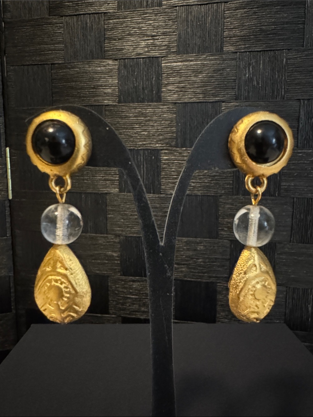 Gold Tone & Black Drop Earrings with Clear Bead - Women Jewelry